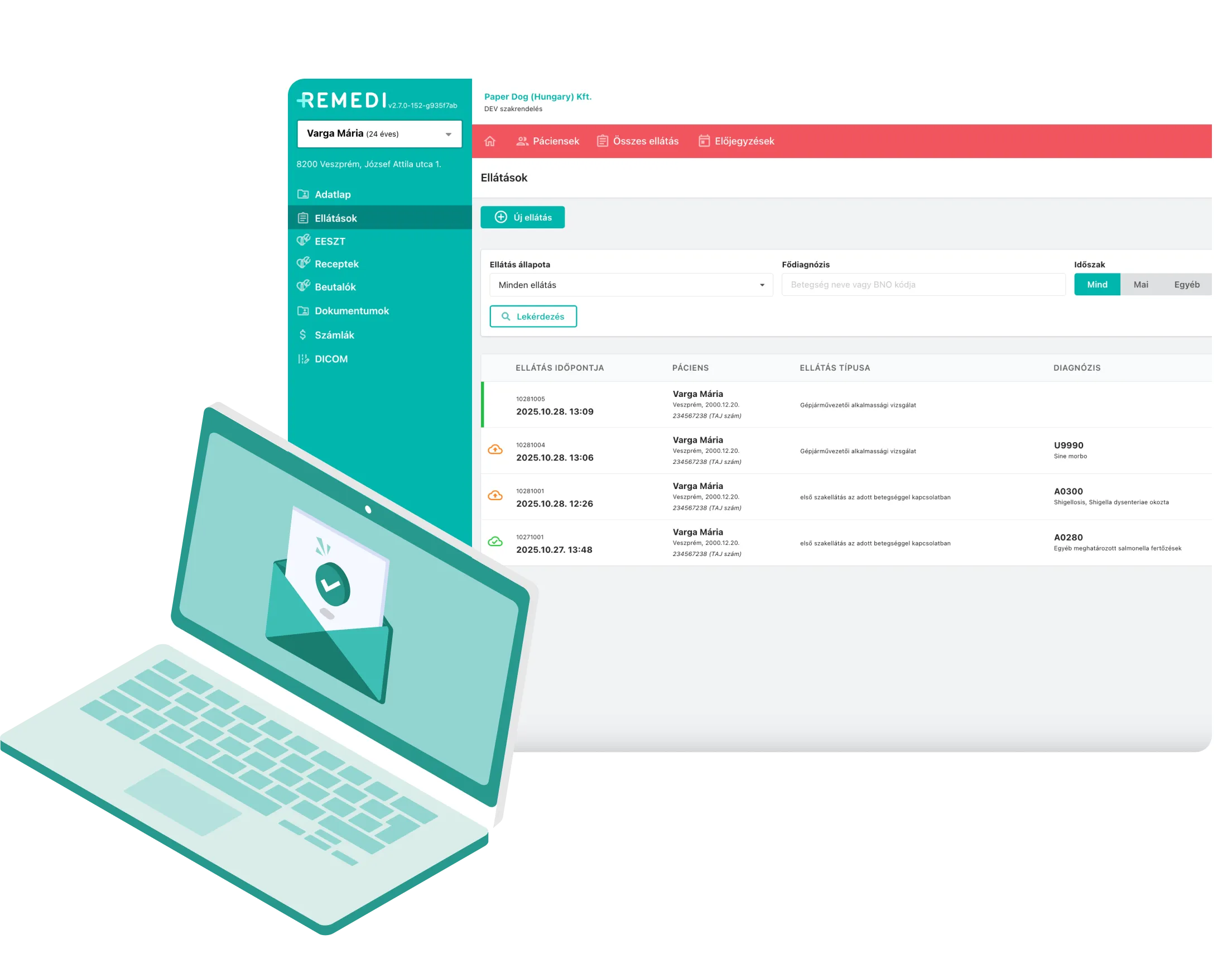 A Remedi orvosi szoftver felhasználói felülete, amely páciens időpont- és diagnózisadatait mutatja, mellette egy laptop illusztrációval, amelynek képernyőjén egy pipával jelölt boríték látható.