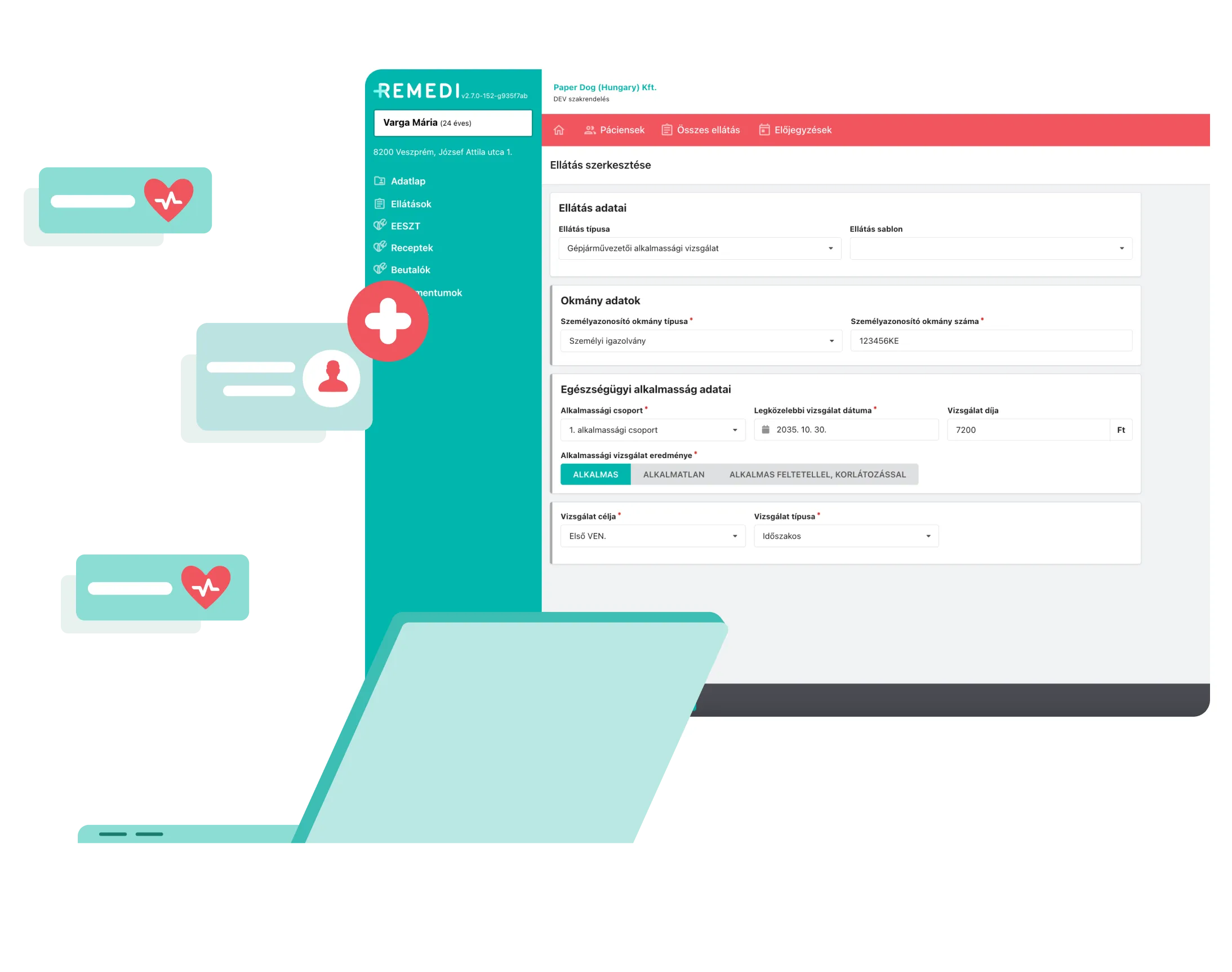 Egy laptop illusztrációja, amelyen egészségügyi kezelőfelület látható páciensadatokkal és orvosi űrlapmezőkkel, mellette lebegő chat- és pulzusikonokkal.